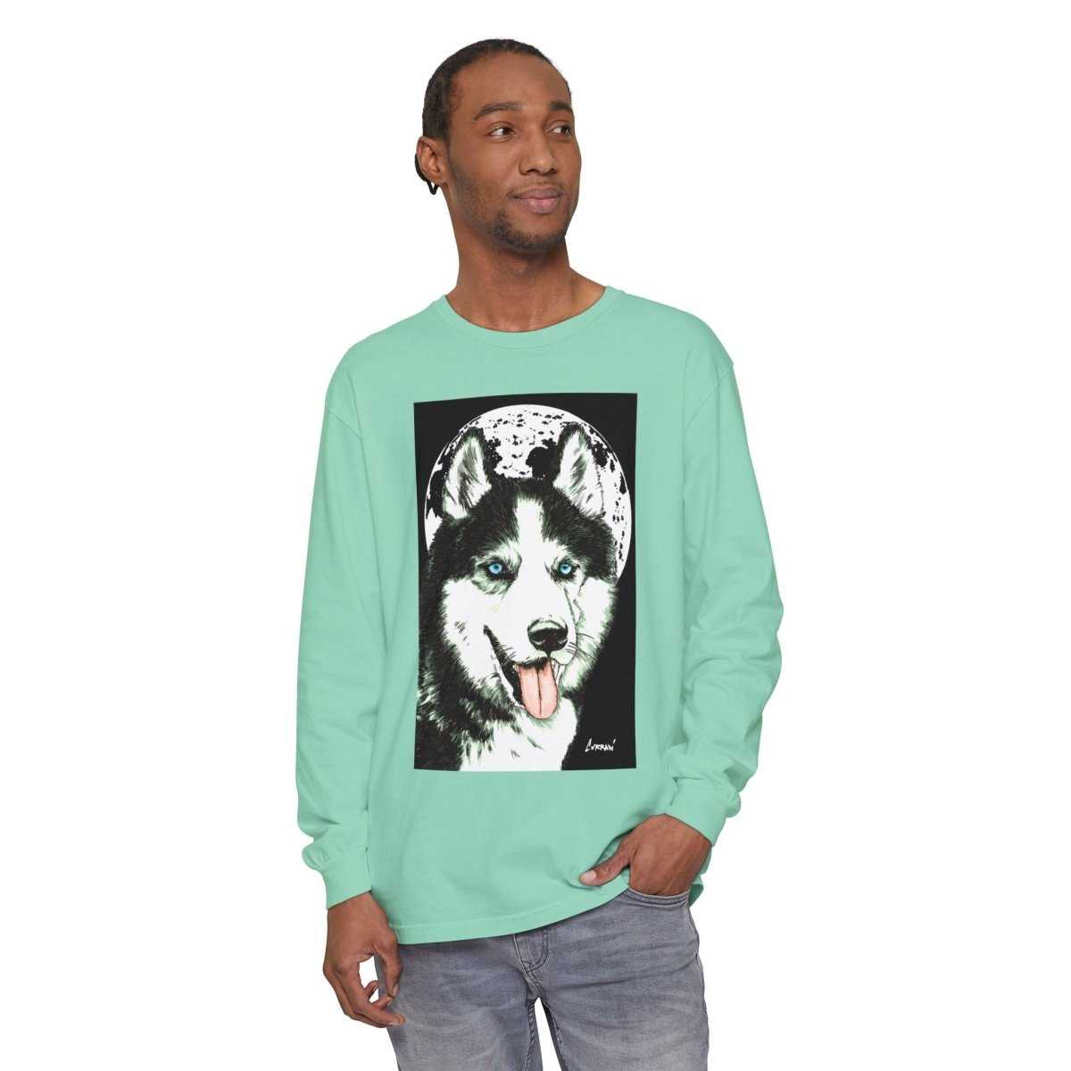 Moonlit Husky Long Sleeve T-Shirt | Cozy Unisex Graphic Tee for Dog Lovers - Curran Artworks