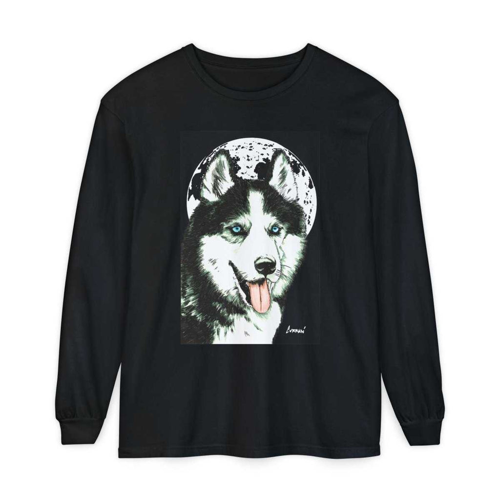 Moonlit Husky Long Sleeve T-Shirt | Cozy Unisex Graphic Tee for Dog Lovers - Curran Artworks