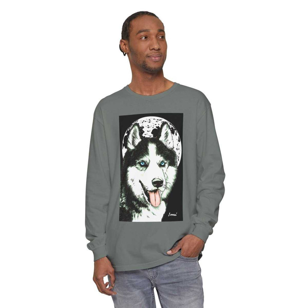 Moonlit Husky Long Sleeve T-Shirt | Cozy Unisex Graphic Tee for Dog Lovers - Curran Artworks