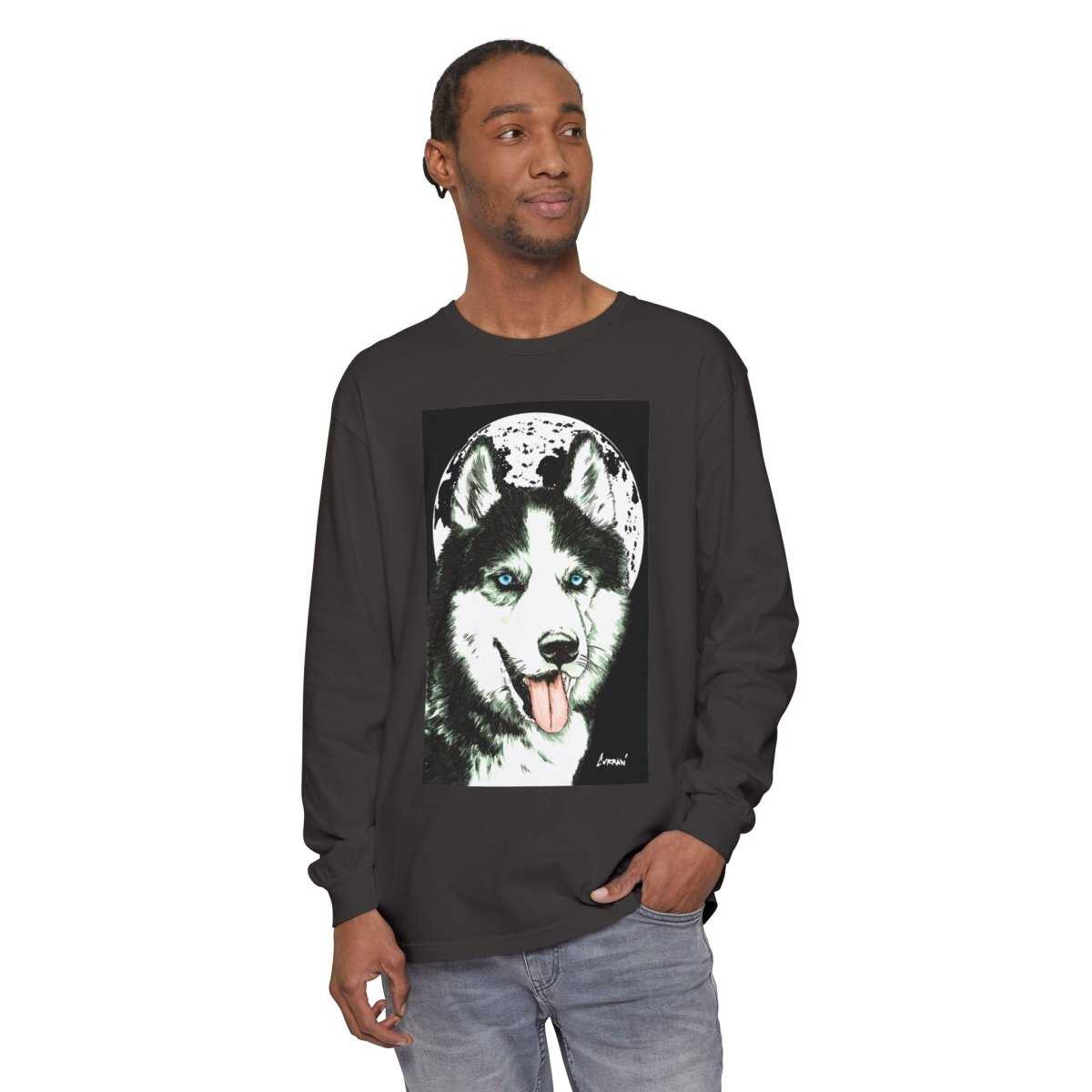 Moonlit Husky Long Sleeve T-Shirt | Cozy Unisex Graphic Tee for Dog Lovers - Curran Artworks
