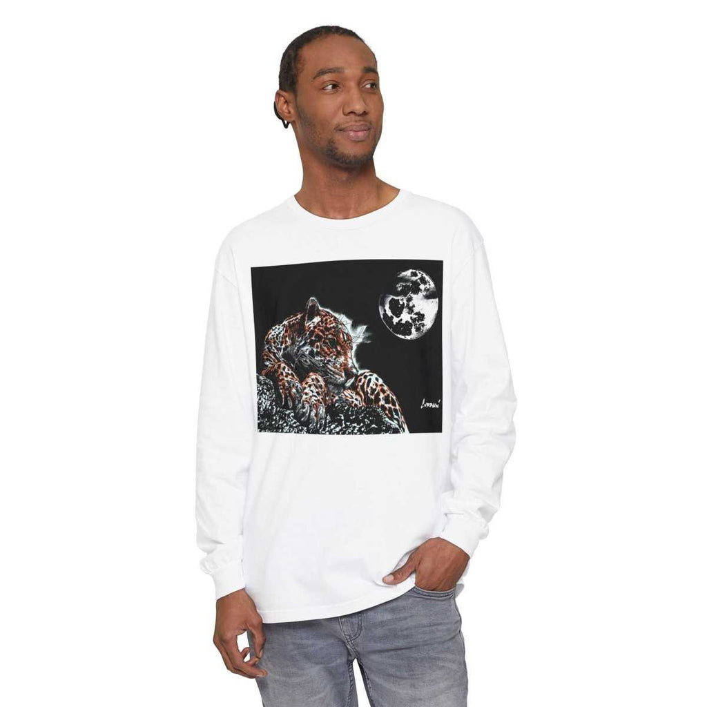 Moonlit Leopard Long Sleeve T-Shirt - Unisex Garment - Dyed Nature Tee - Curran Artworks