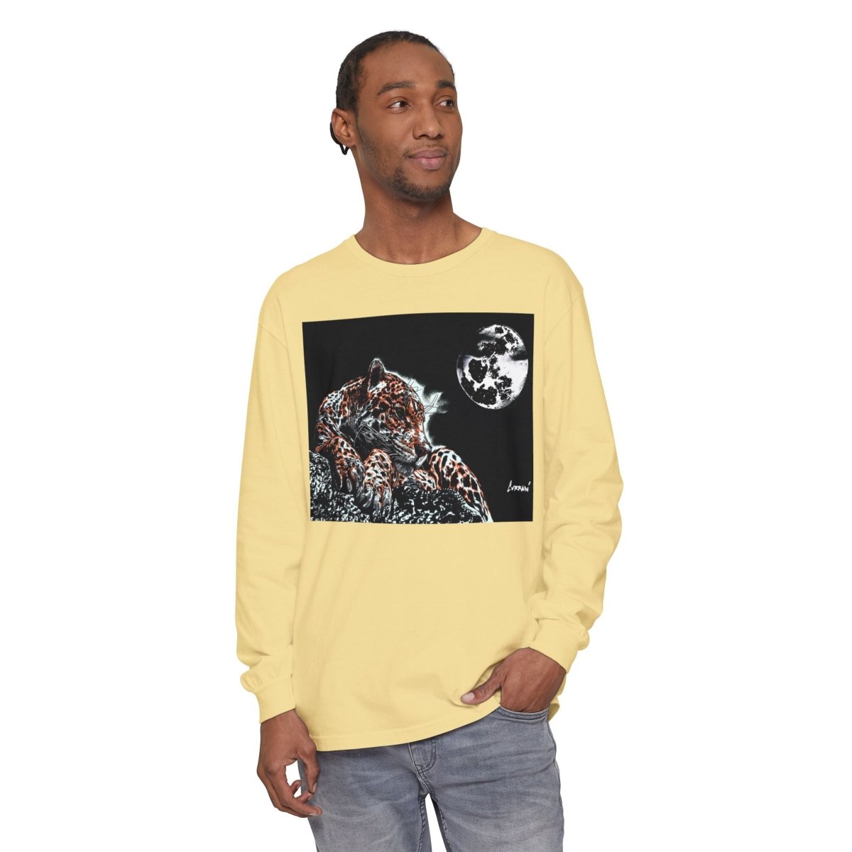 Moonlit Leopard Long Sleeve T-Shirt - Unisex Garment - Dyed Nature Tee - Curran Artworks