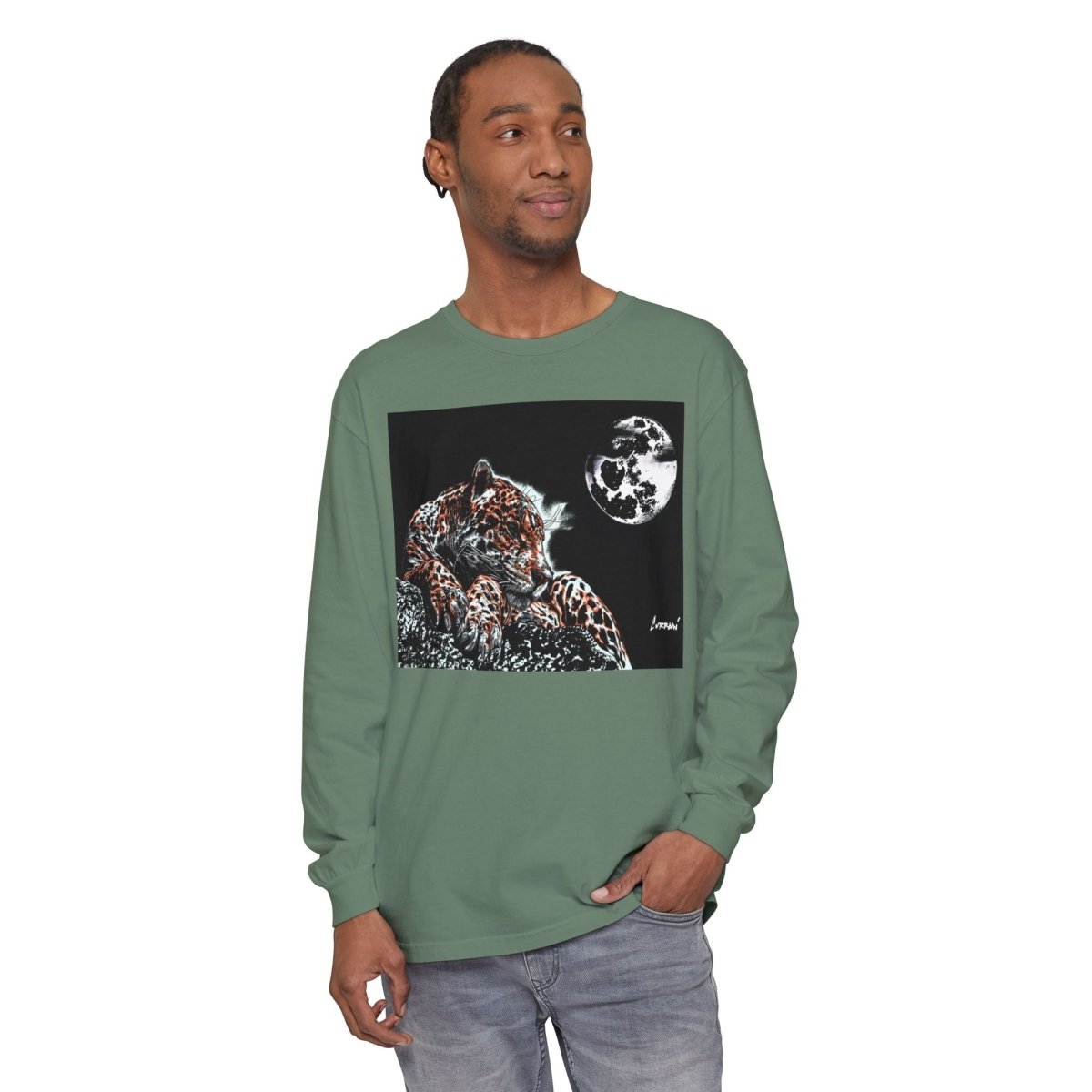Moonlit Leopard Long Sleeve T-Shirt - Unisex Garment - Dyed Nature Tee - Curran Artworks