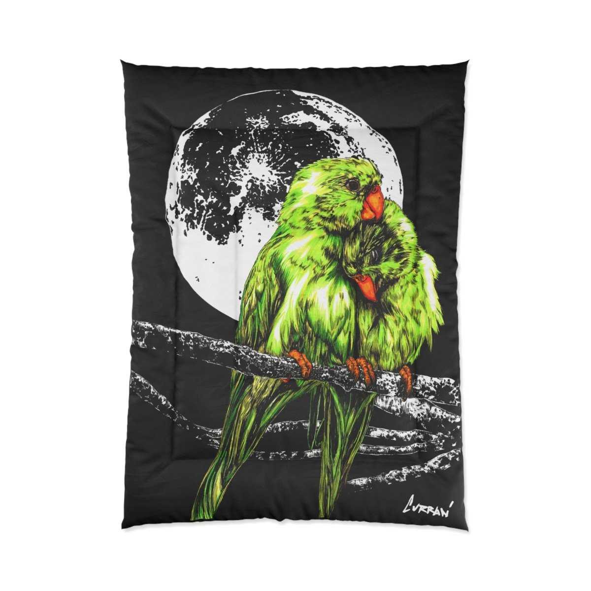 Moonlit Lovebirds Comforter - Vibrant Green Bird Design for Cozy Home Decor - Curran Artworks