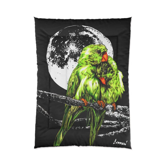 Moonlit Lovebirds Comforter - Vibrant Green Bird Design for Cozy Home Decor - Curran Artworks