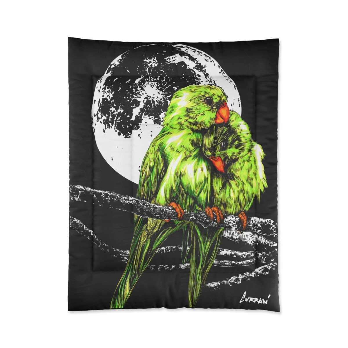 Moonlit Lovebirds Comforter - Vibrant Green Bird Design for Cozy Home Decor - Curran Artworks
