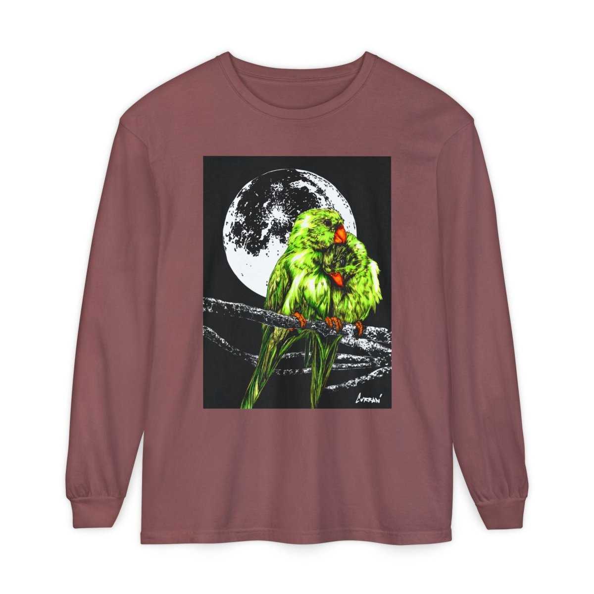 Moonlit Parrots Long Sleeve T-Shirt - Nature Lovers Unisex Tee - Curran Artworks