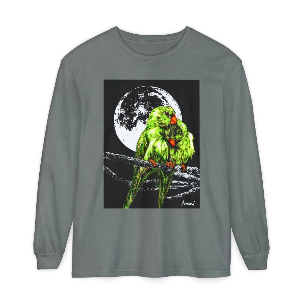 Moonlit Parrots Long Sleeve T-Shirt - Nature Lovers Unisex Tee - Curran Artworks