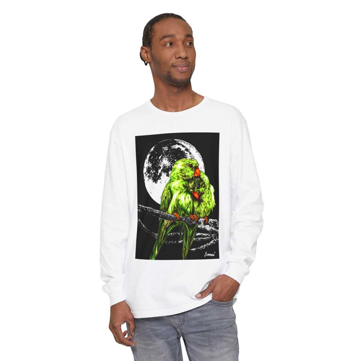 Moonlit Parrots Long Sleeve T-Shirt - Nature Lovers Unisex Tee - Curran Artworks