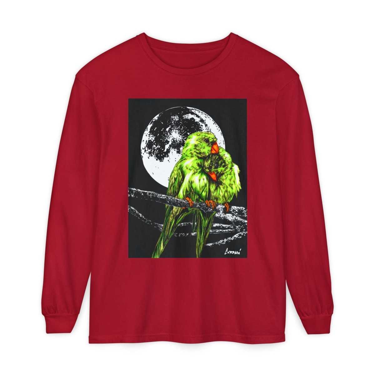 Moonlit Parrots Long Sleeve T-Shirt - Nature Lovers Unisex Tee - Curran Artworks