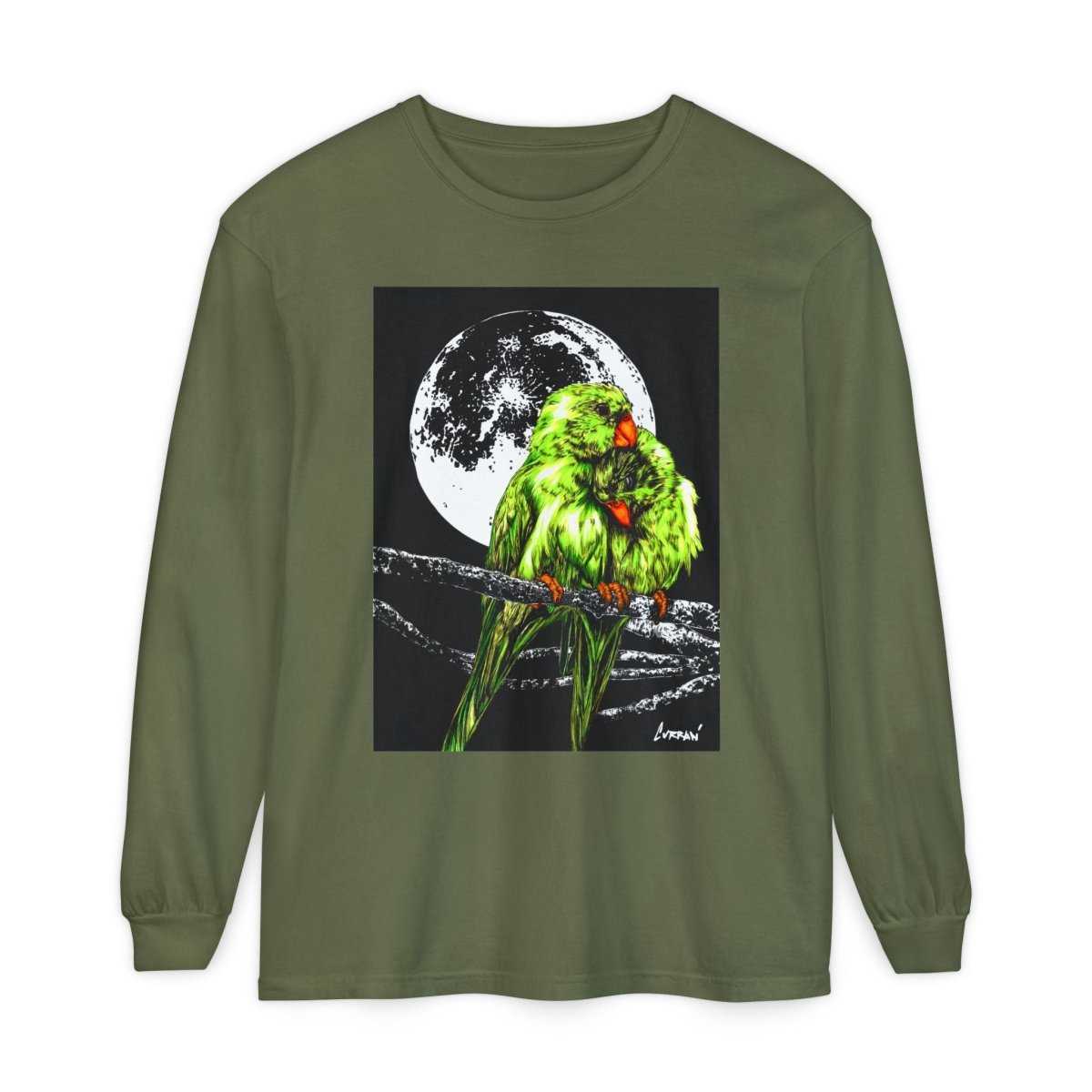 Moonlit Parrots Long Sleeve T-Shirt - Nature Lovers Unisex Tee - Curran Artworks