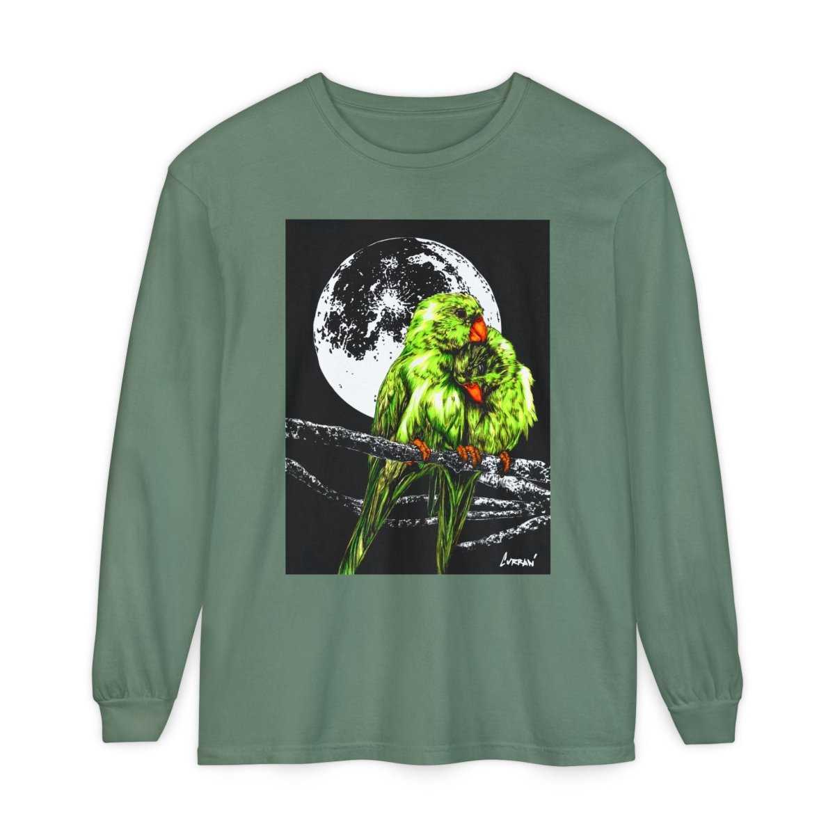Moonlit Parrots Long Sleeve T-Shirt - Nature Lovers Unisex Tee - Curran Artworks
