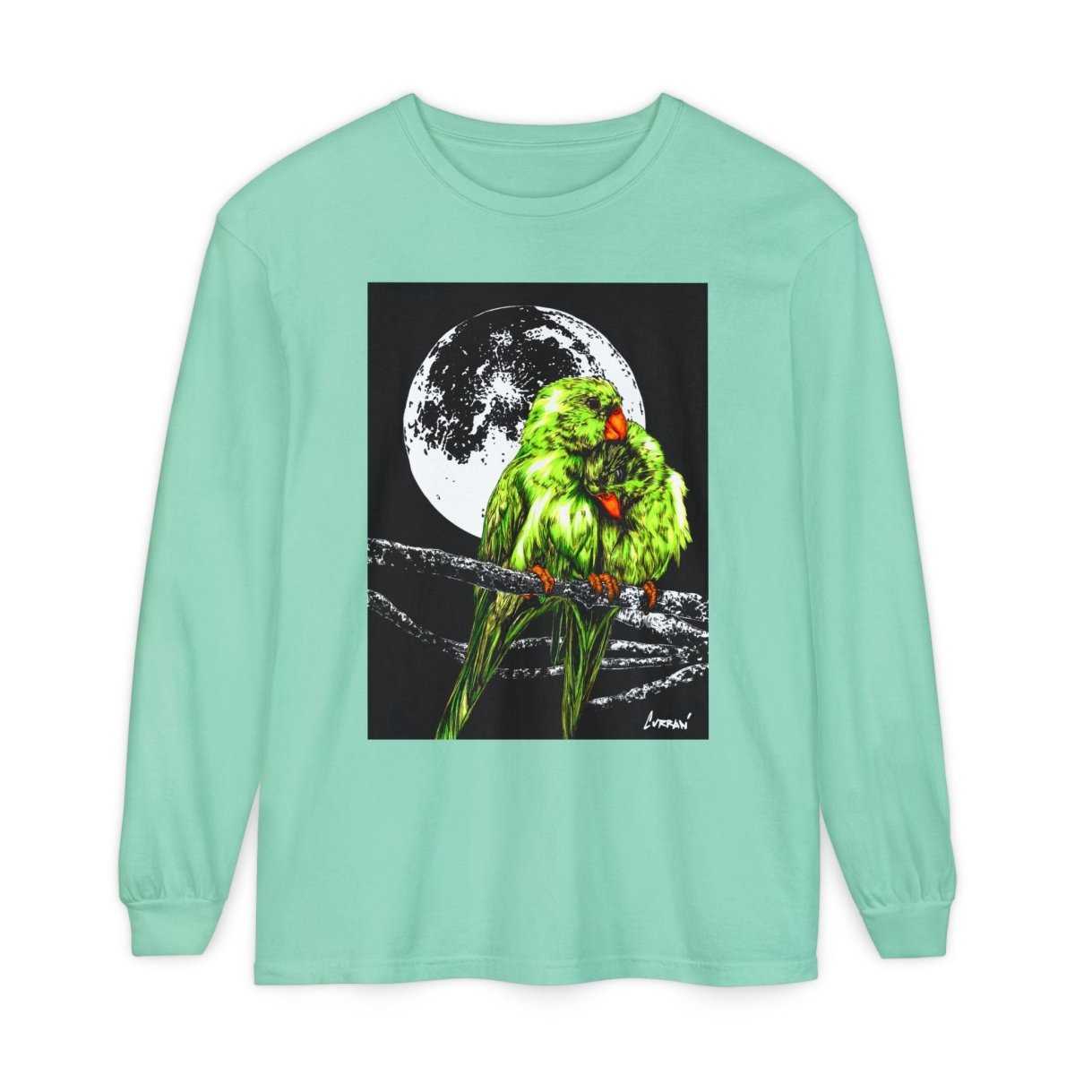 Moonlit Parrots Long Sleeve T-Shirt - Nature Lovers Unisex Tee - Curran Artworks