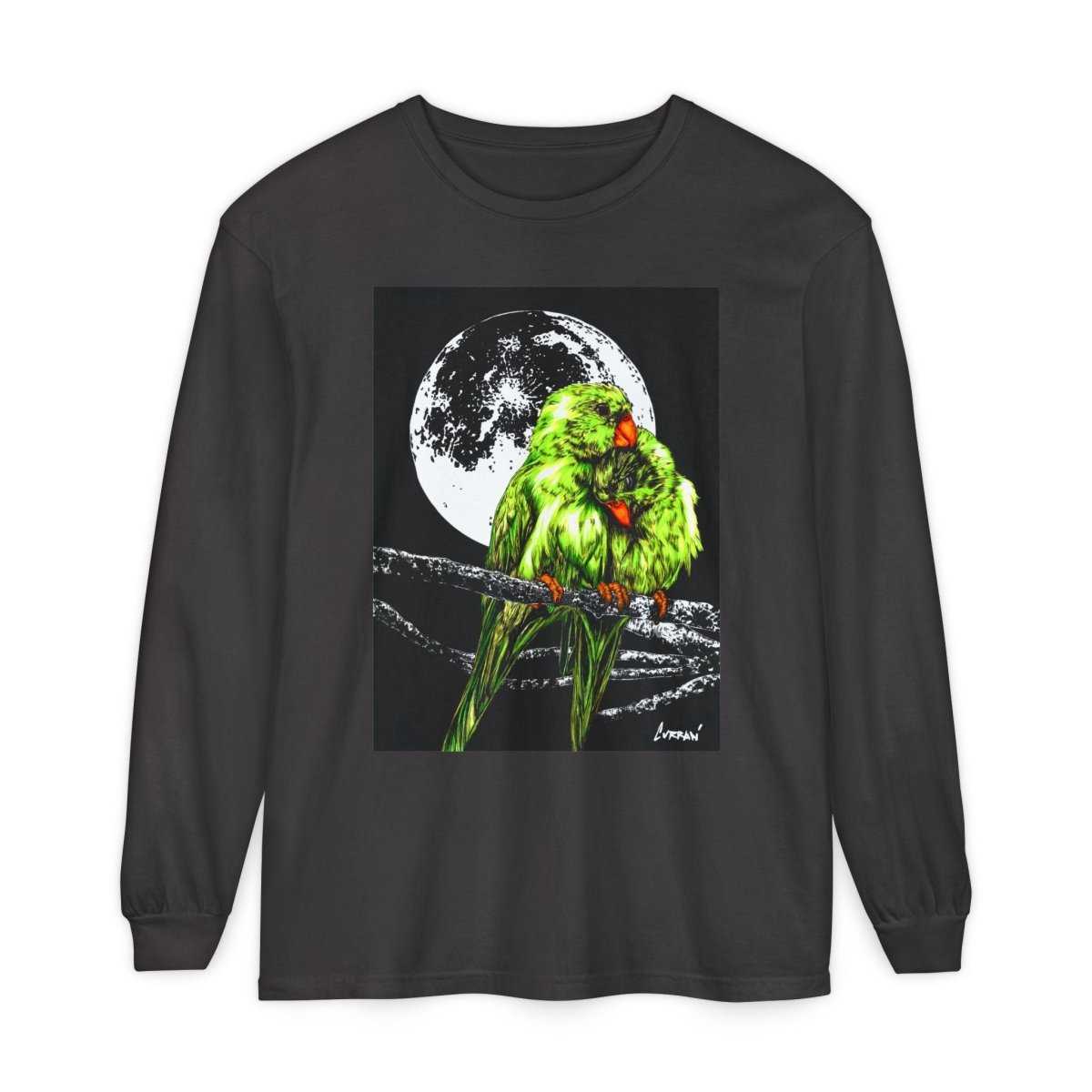 Moonlit Parrots Long Sleeve T-Shirt - Nature Lovers Unisex Tee - Curran Artworks