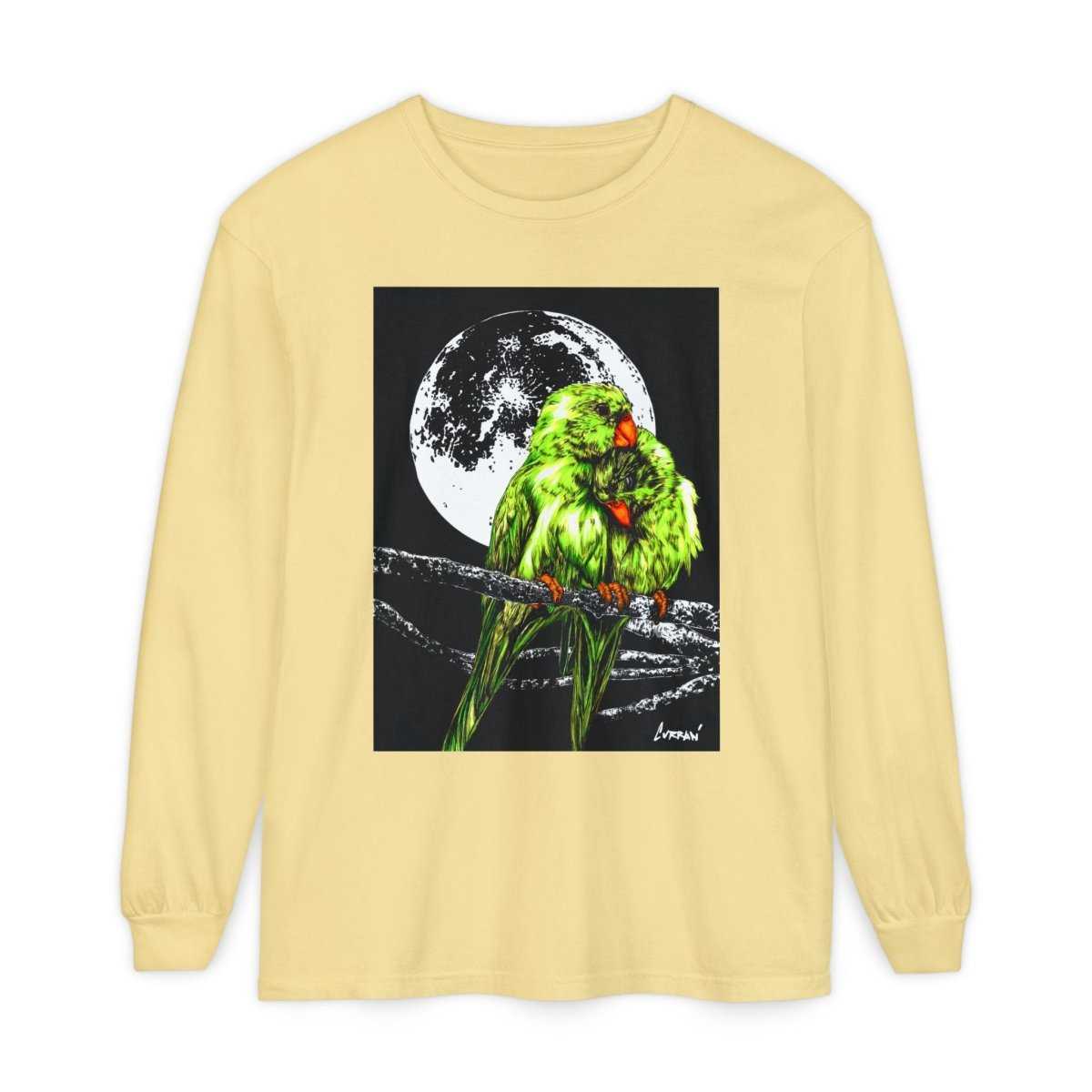 Moonlit Parrots Long Sleeve T-Shirt - Nature Lovers Unisex Tee - Curran Artworks
