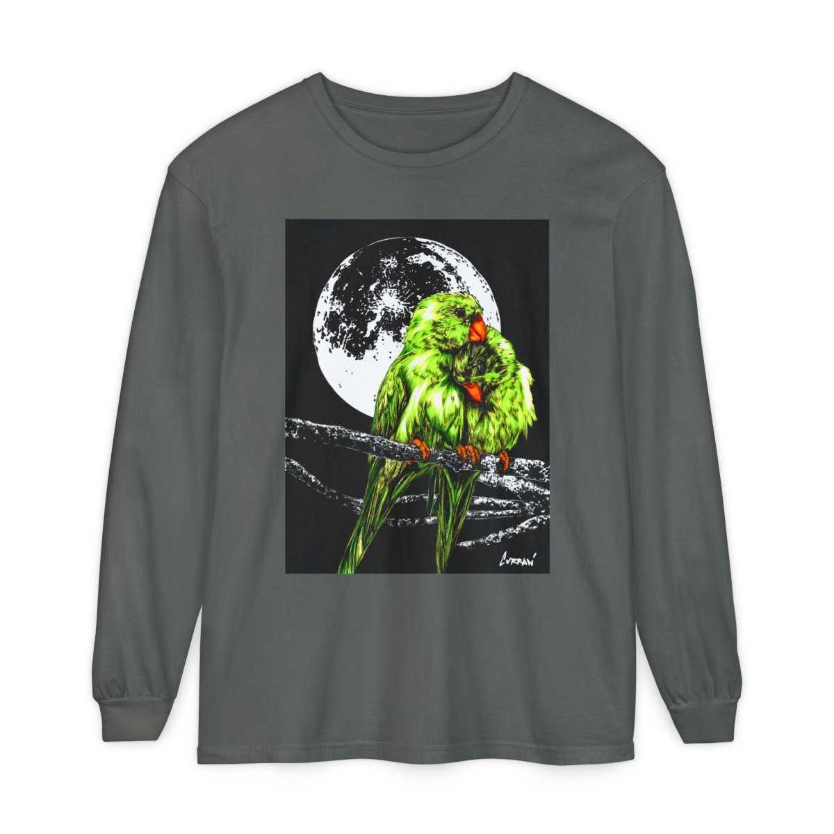 Moonlit Parrots Long Sleeve T-Shirt - Nature Lovers Unisex Tee - Curran Artworks