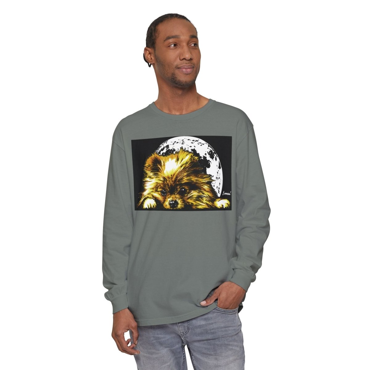 Moonlit Pomeranian Long Sleeve T-Shirt - Unisex - Cozy Dog Lover Tee - Curran Artworks