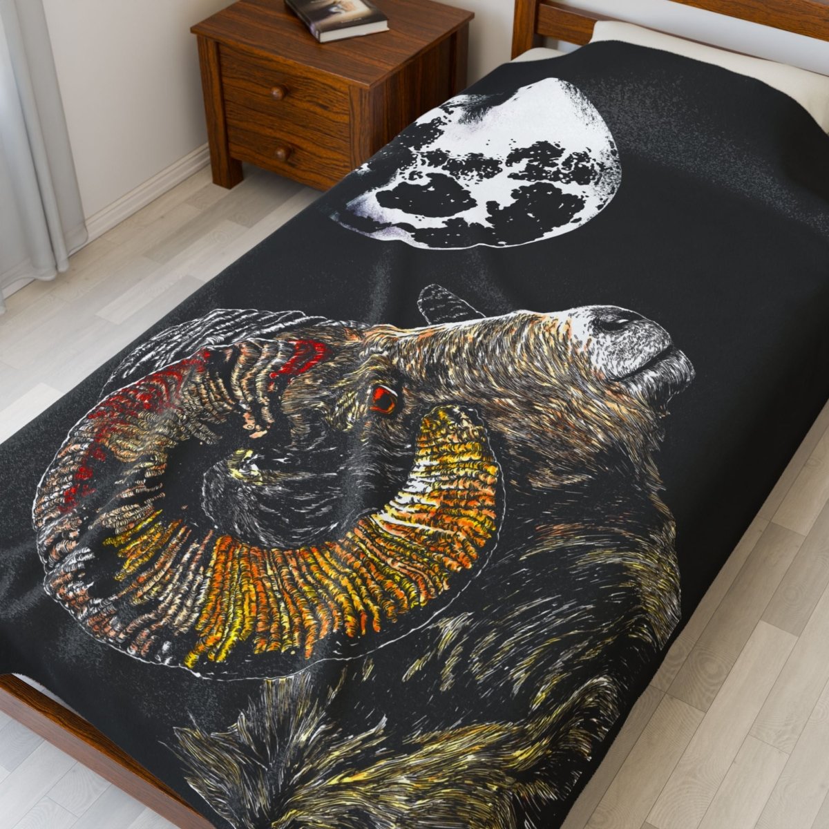Moonlit Ram Plush Blanket - Cozy Wildlife Decor - Curran Artworks