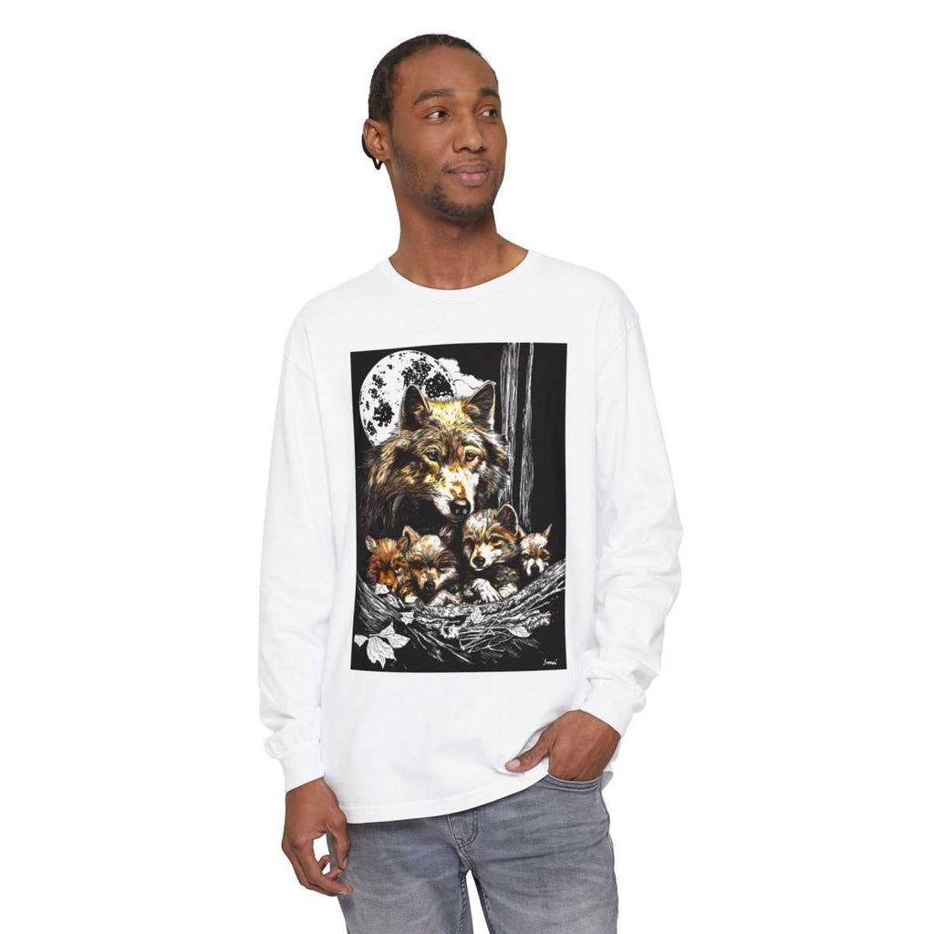 Moonlit Wolf Family Long Sleeve Tee - Unisex Garment - Dyed T-Shirt - Curran Artworks