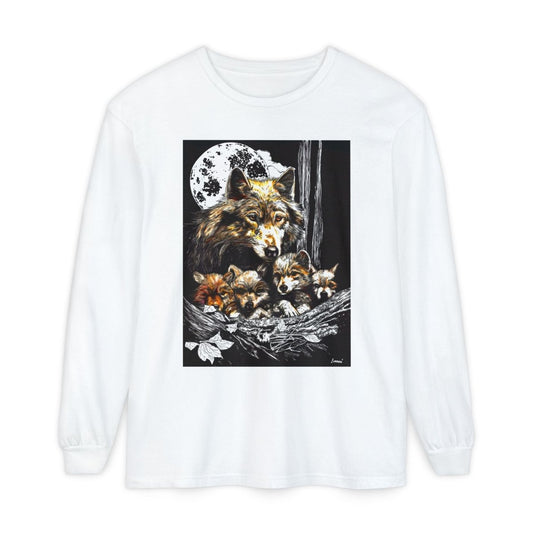 Moonlit Wolf Family Long Sleeve Tee - Unisex Garment - Dyed T-Shirt - Curran Artworks