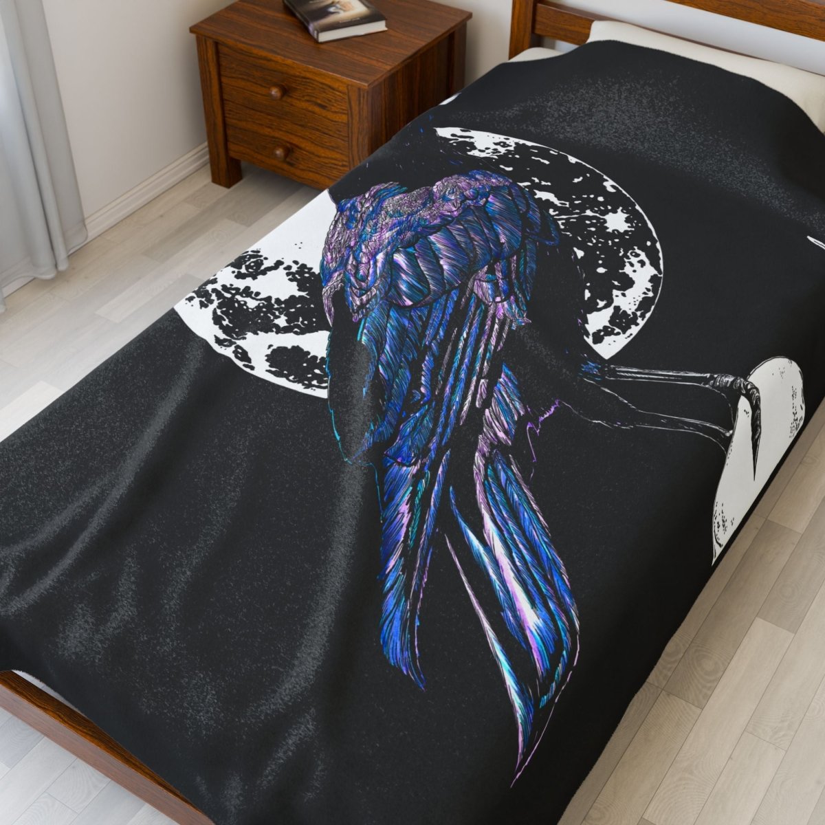 Mystical Crow Velveteen Plush Blanket - Cozy Decor for Dark Academia Lovers - Curran Artworks