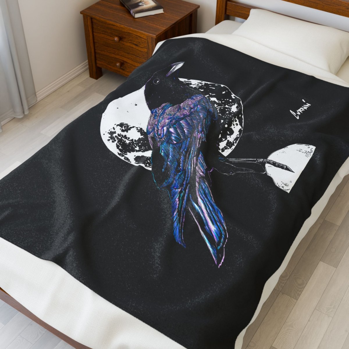 Mystical Crow Velveteen Plush Blanket - Cozy Decor for Dark Academia Lovers - Curran Artworks