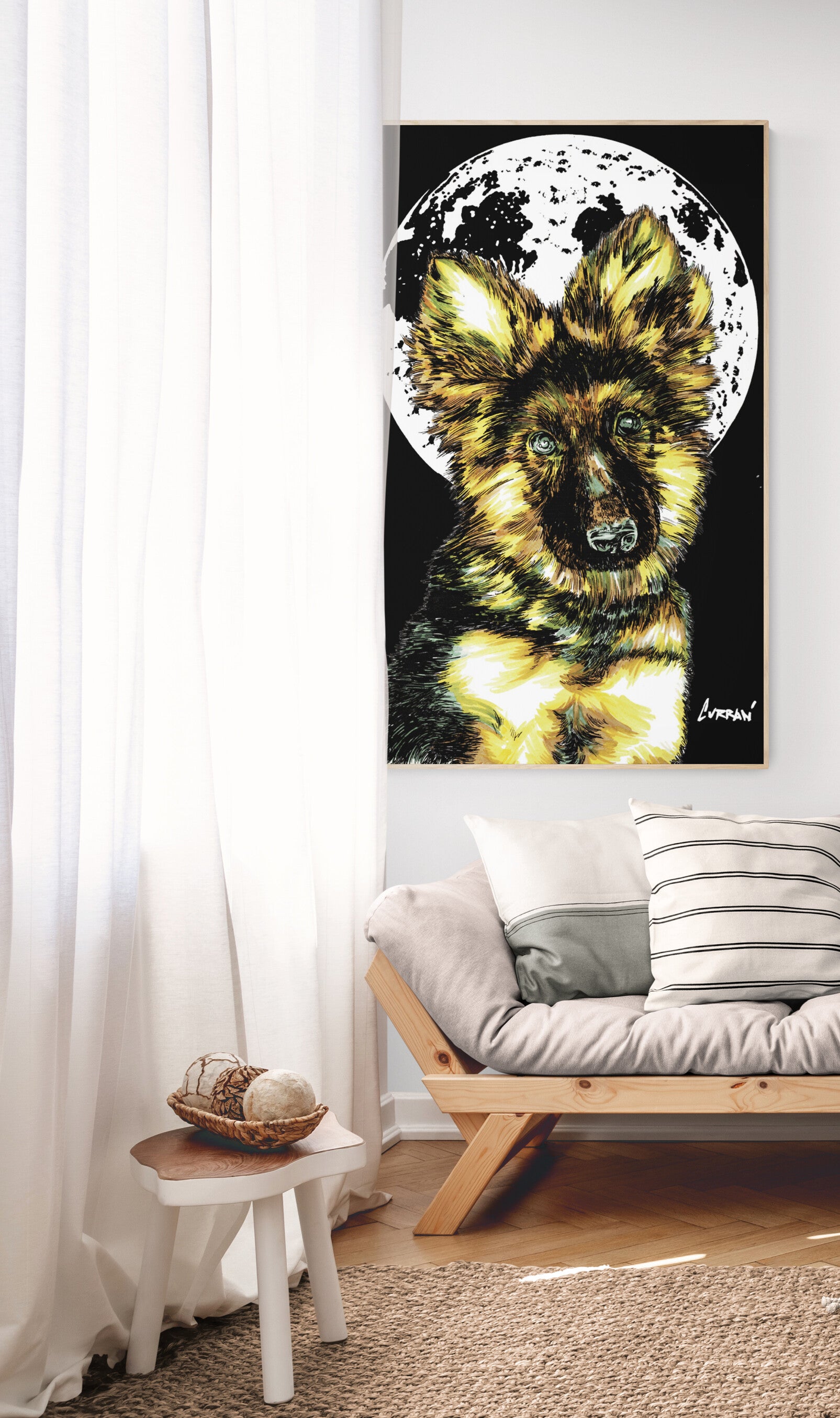 German Sheppard Puppy Hand Drawn Wall Art Poster