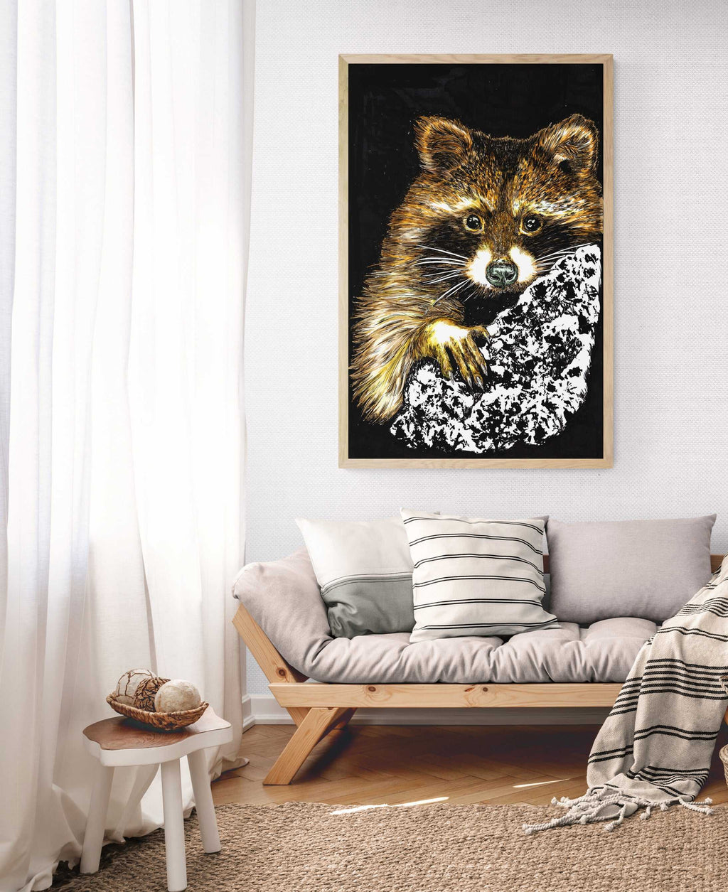Woodland Watcher – Original Hand-Drawn Raccoon in a Tree by Artist Kris Curran here at Curran Artworks | 22” x 30” Ink & Copic on Bristol Board
