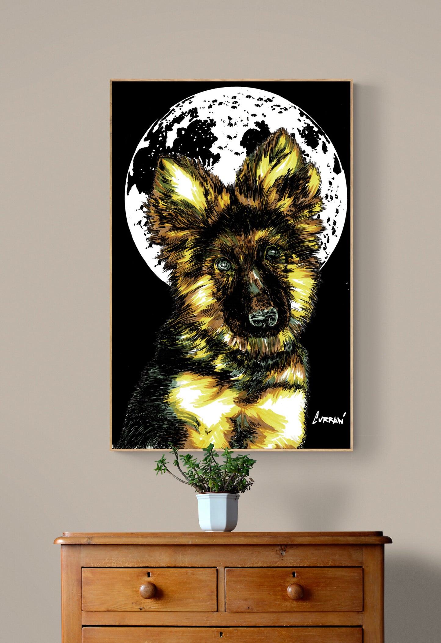 German Sheppard Puppy Hand Drawn Wall Art Poster