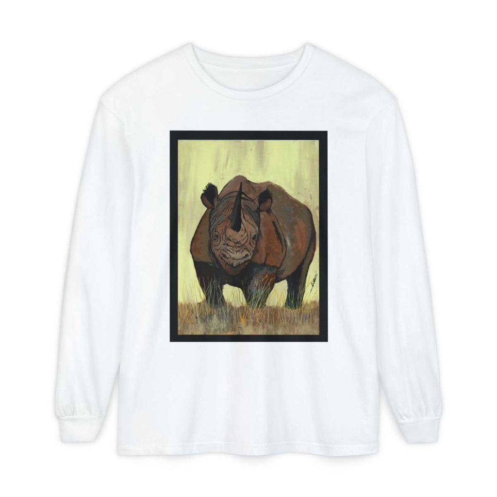 Rhino Art Long Sleeve T-Shirt - Unisex Garment - Dyed Tee for Nature Lovers - Curran Artworks