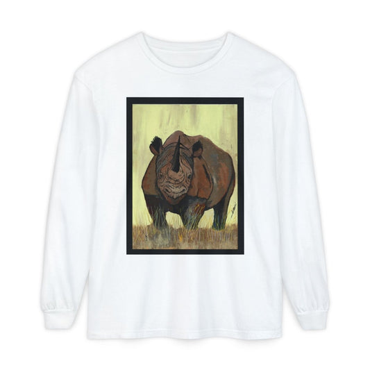 Rhino Art Long Sleeve T-Shirt - Unisex Garment - Dyed Tee for Nature Lovers - Curran Artworks