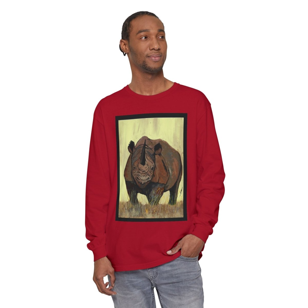 Rhino Art Long Sleeve T-Shirt - Unisex Garment - Dyed Tee for Nature Lovers - Curran Artworks