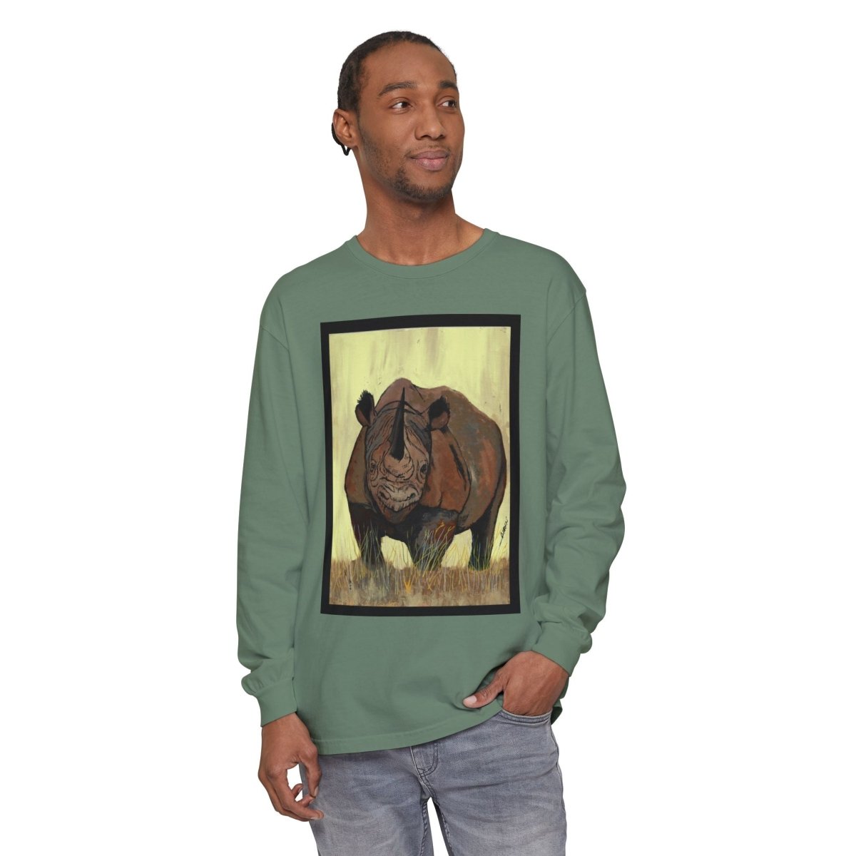 Rhino Art Long Sleeve T-Shirt - Unisex Garment - Dyed Tee for Nature Lovers - Curran Artworks