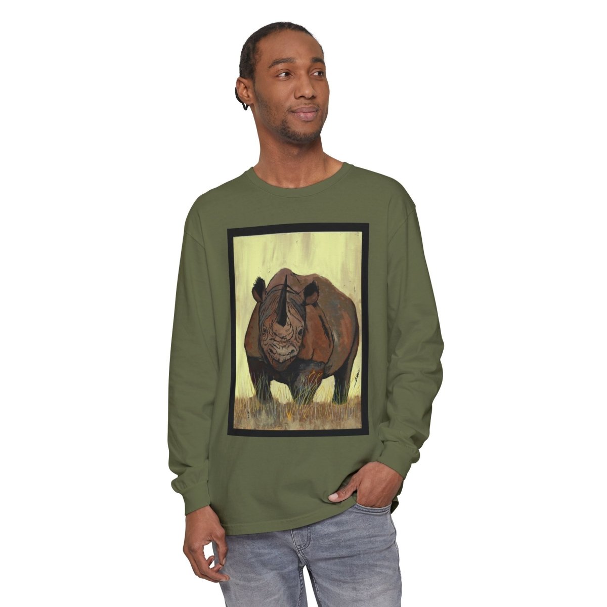 Rhino Art Long Sleeve T-Shirt - Unisex Garment - Dyed Tee for Nature Lovers - Curran Artworks