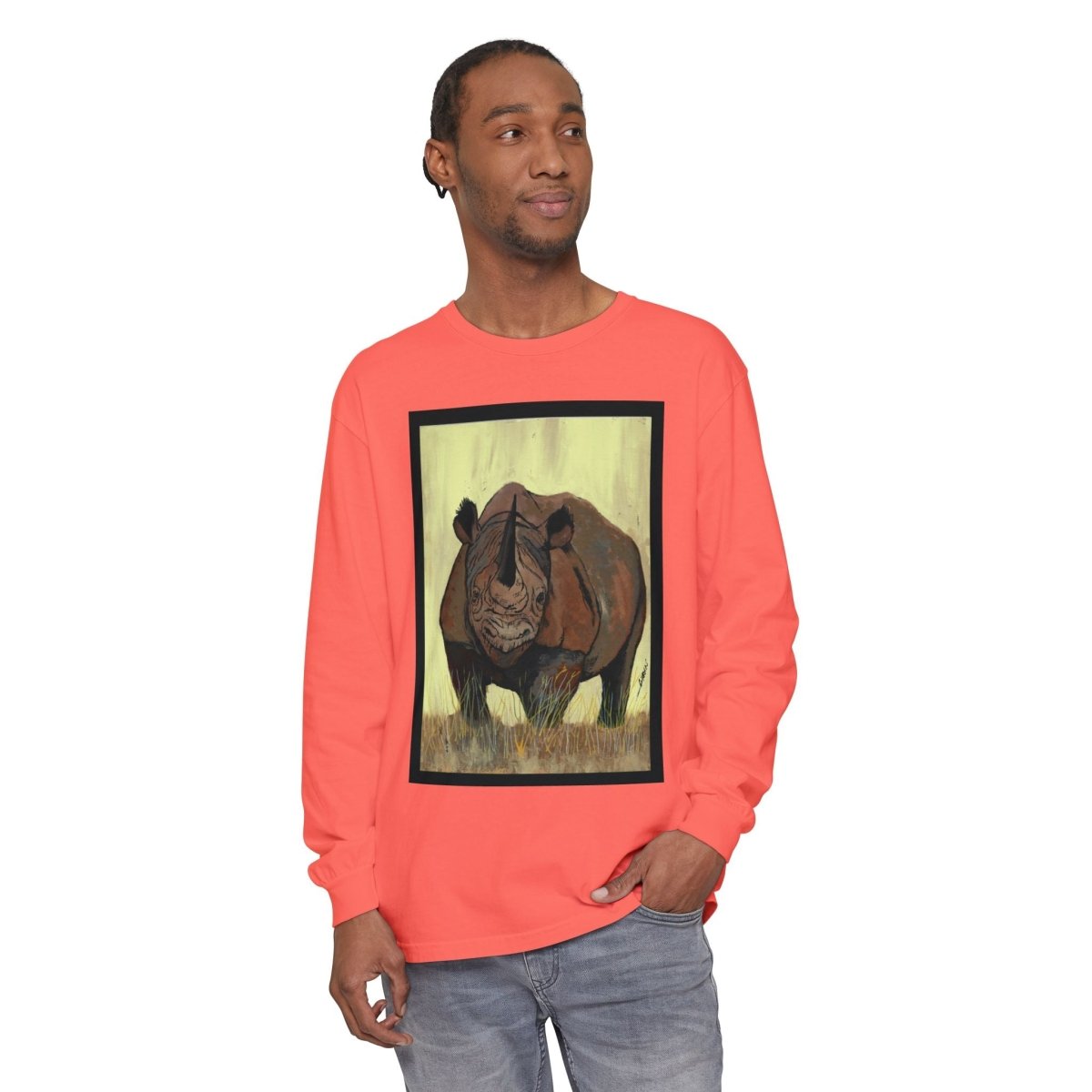 Rhino Art Long Sleeve T-Shirt - Unisex Garment - Dyed Tee for Nature Lovers - Curran Artworks