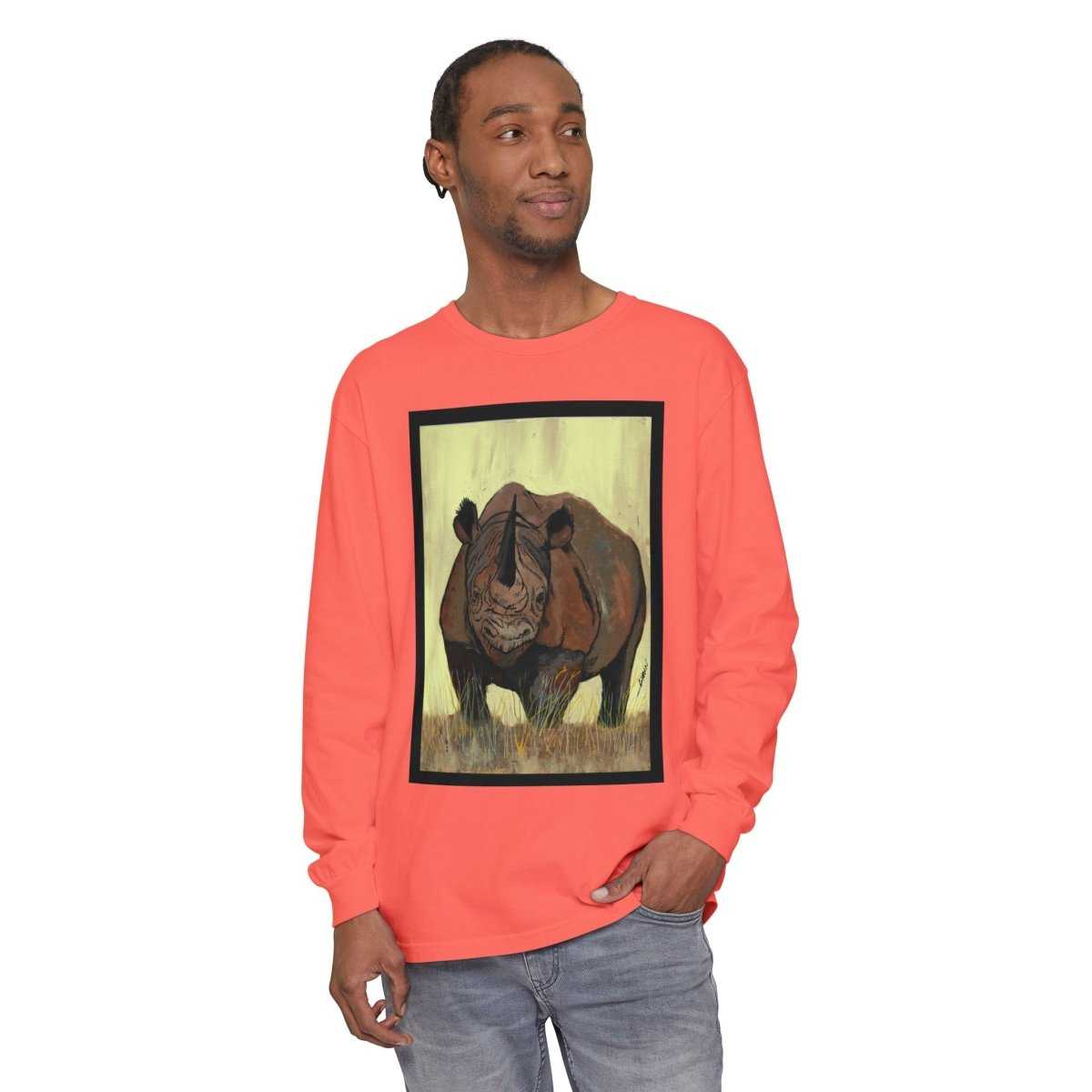 Rhino Art Long Sleeve T-Shirt - Unisex Garment - Dyed Tee for Nature Lovers - Curran Artworks