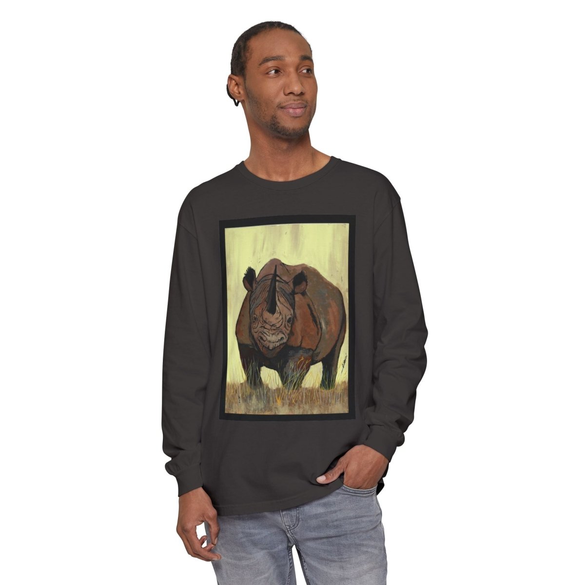 Rhino Art Long Sleeve T-Shirt - Unisex Garment - Dyed Tee for Nature Lovers - Curran Artworks
