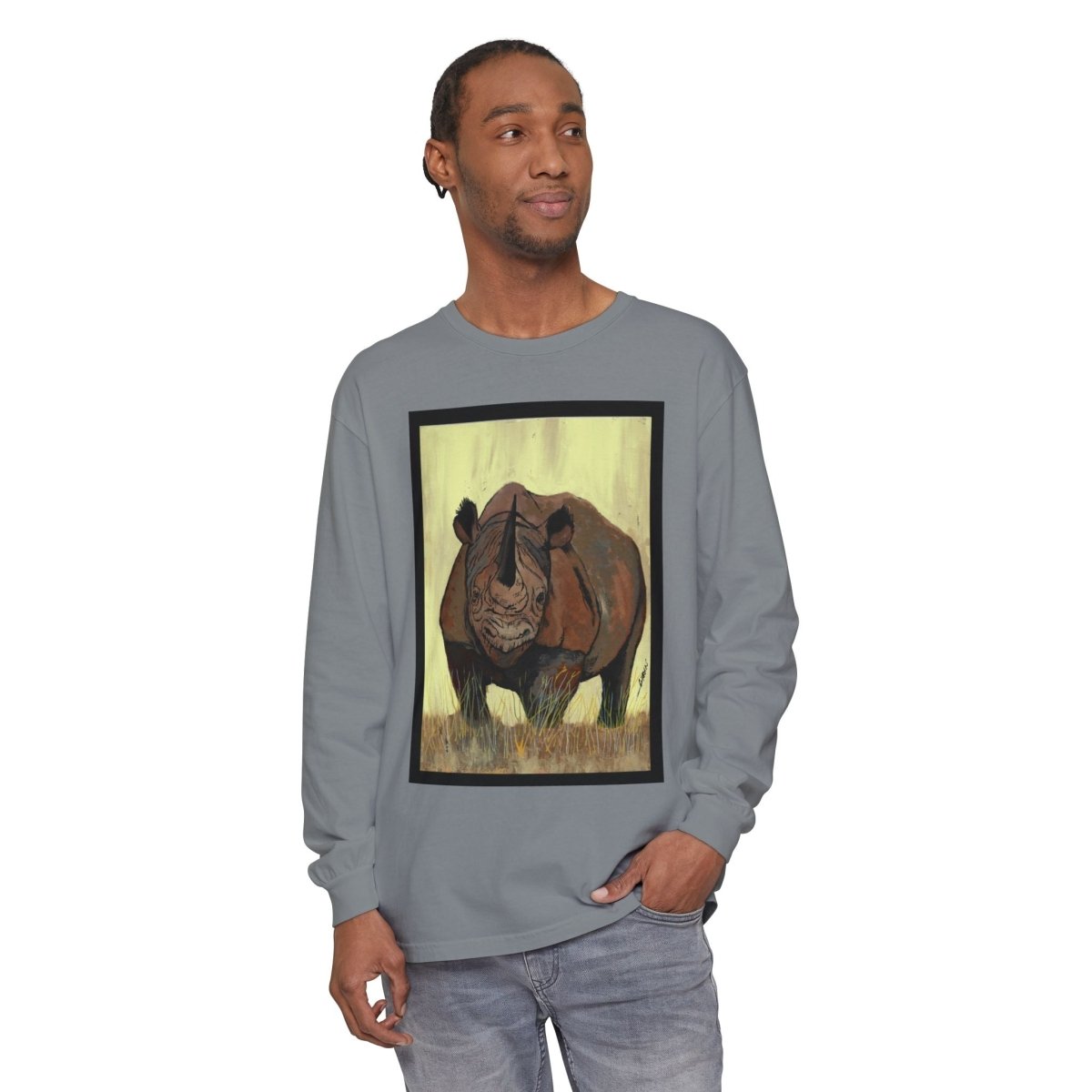 Rhino Art Long Sleeve T-Shirt - Unisex Garment - Dyed Tee for Nature Lovers - Curran Artworks