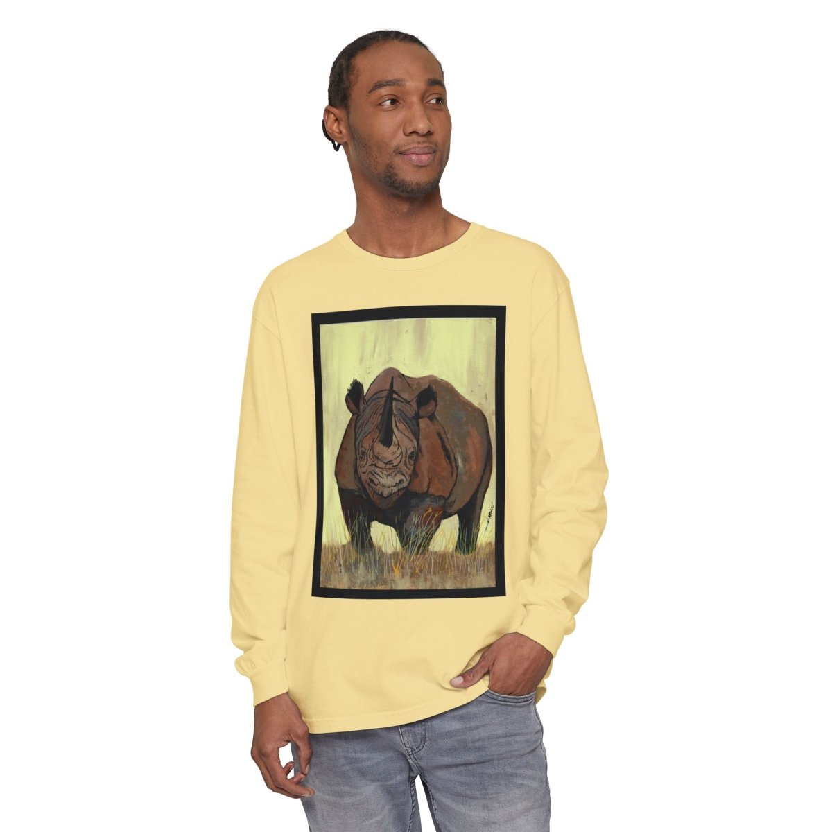 Rhino Art Long Sleeve T-Shirt - Unisex Garment - Dyed Tee for Nature Lovers - Curran Artworks