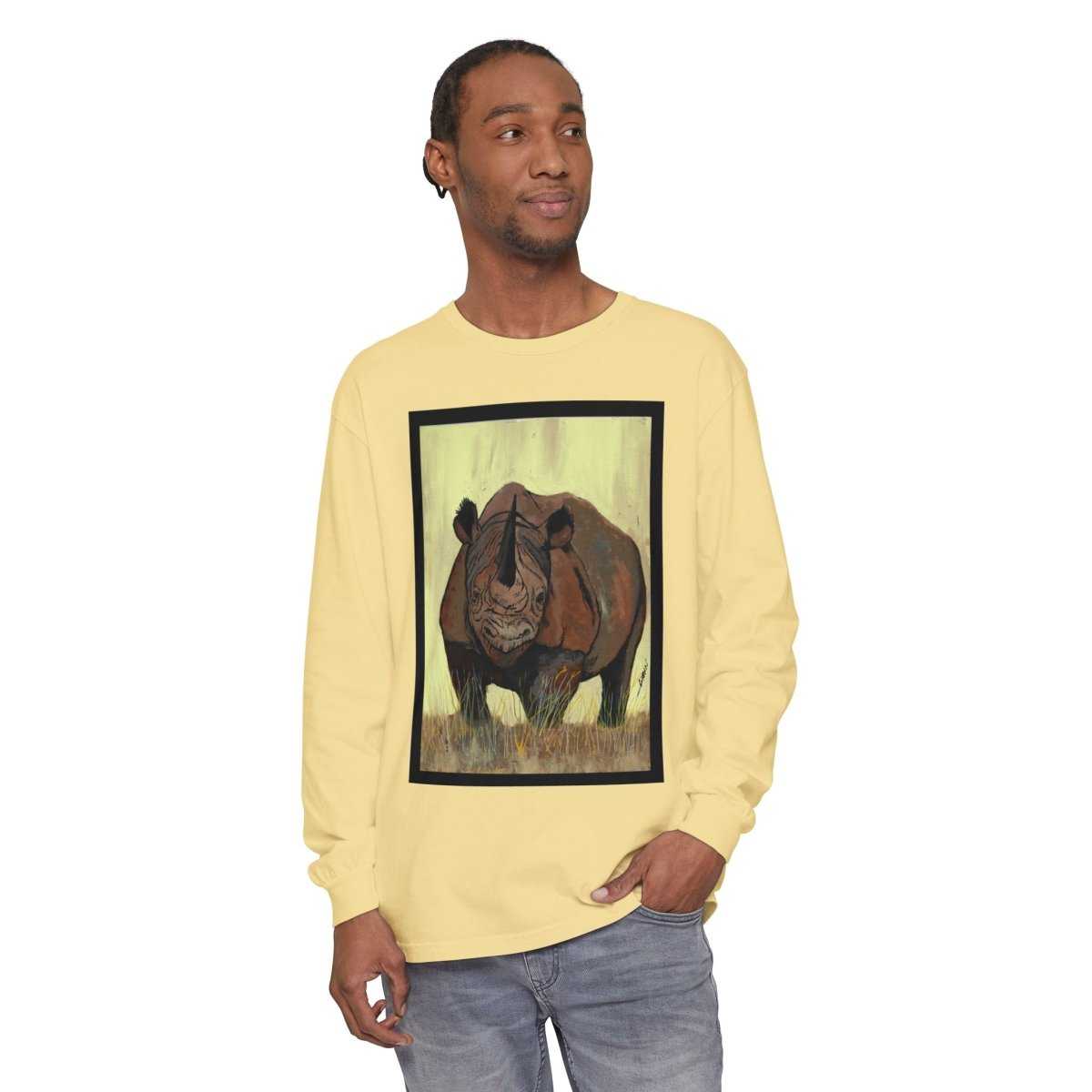Rhino Art Long Sleeve T-Shirt - Unisex Garment - Dyed Tee for Nature Lovers - Curran Artworks