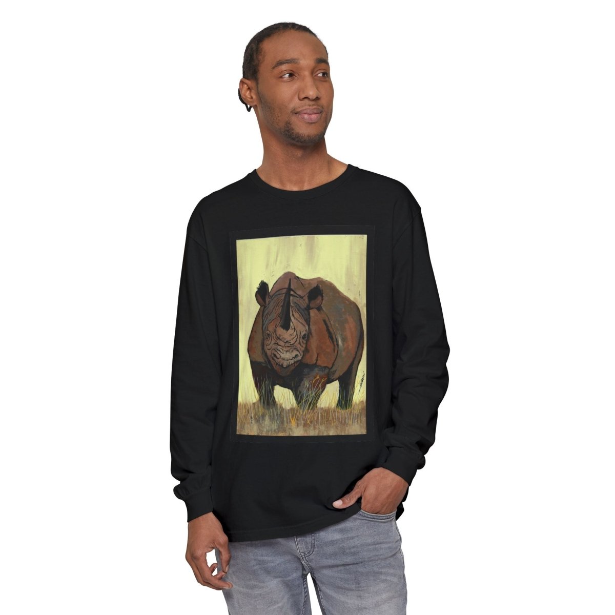 Rhino Art Long Sleeve T-Shirt - Unisex Garment - Dyed Tee for Nature Lovers - Curran Artworks