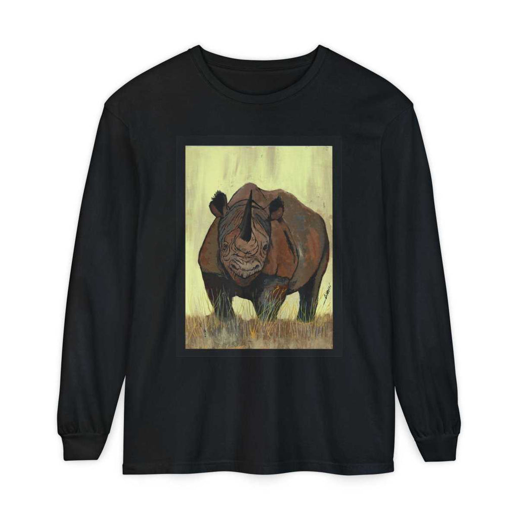 Rhino Art Long Sleeve T-Shirt - Unisex Garment - Dyed Tee for Nature Lovers - Curran Artworks