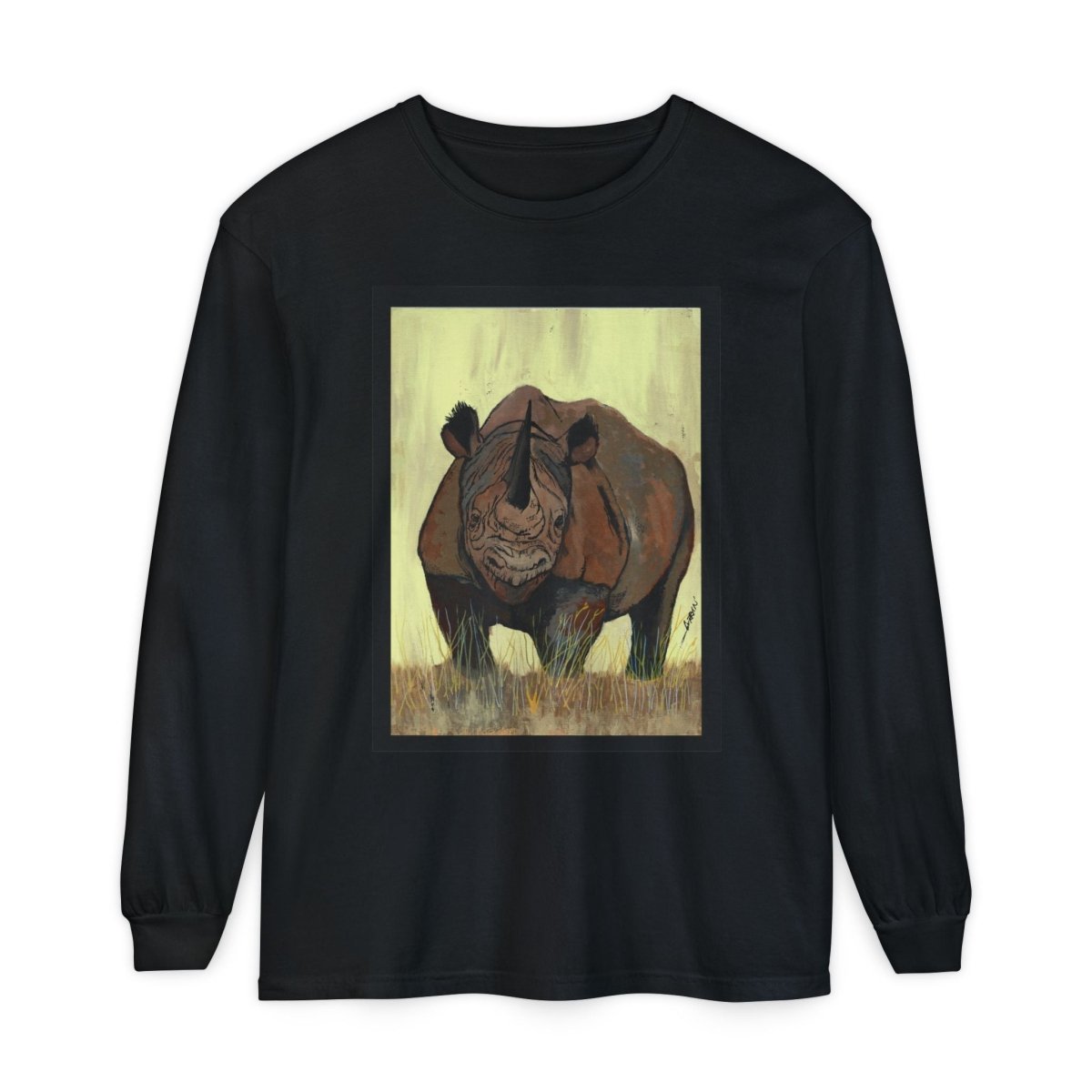 Rhino Art Long Sleeve T-Shirt - Unisex Garment - Dyed Tee for Nature Lovers - Curran Artworks