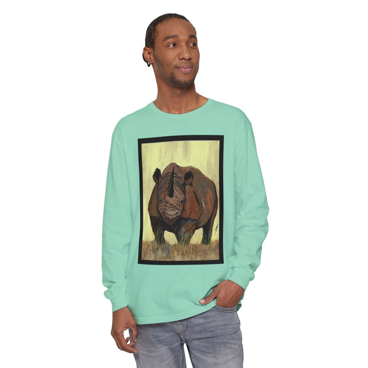 Rhino Art Long Sleeve T-Shirt - Unisex Garment - Dyed Tee for Nature Lovers - Curran Artworks