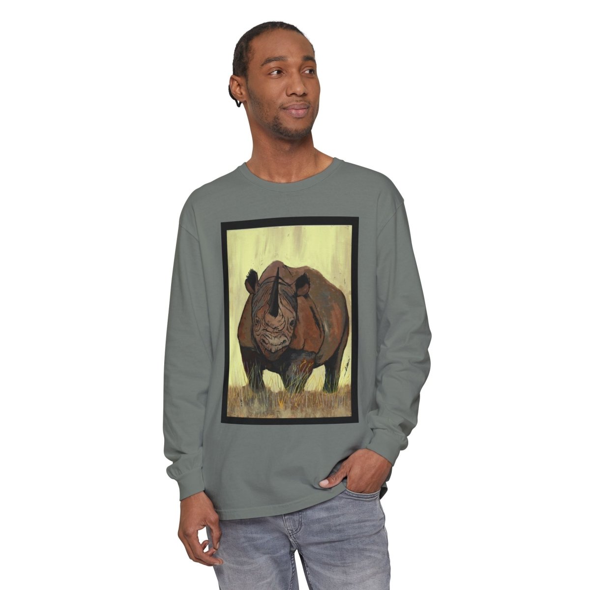 Rhino Art Long Sleeve T-Shirt - Unisex Garment - Dyed Tee for Nature Lovers - Curran Artworks