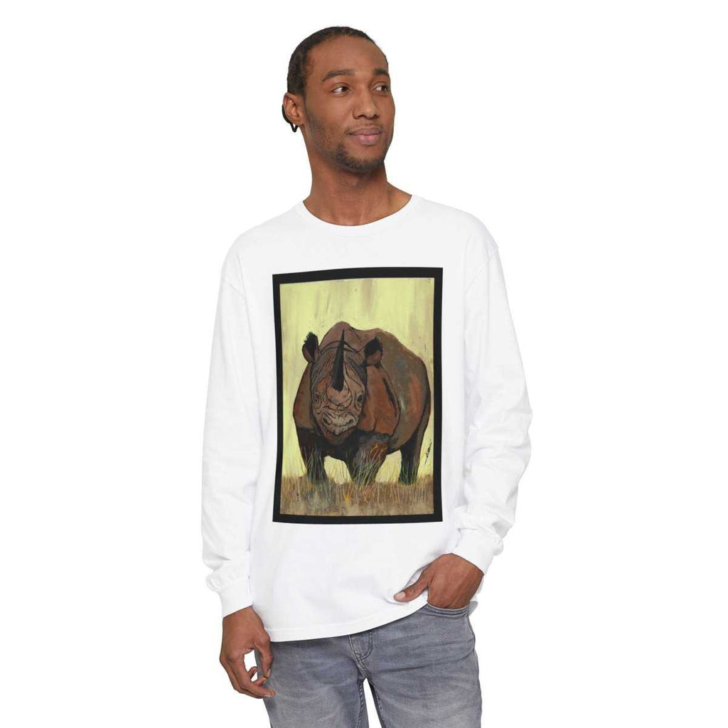 Rhino Art Long Sleeve T-Shirt - Unisex Garment - Dyed Tee for Nature Lovers - Curran Artworks