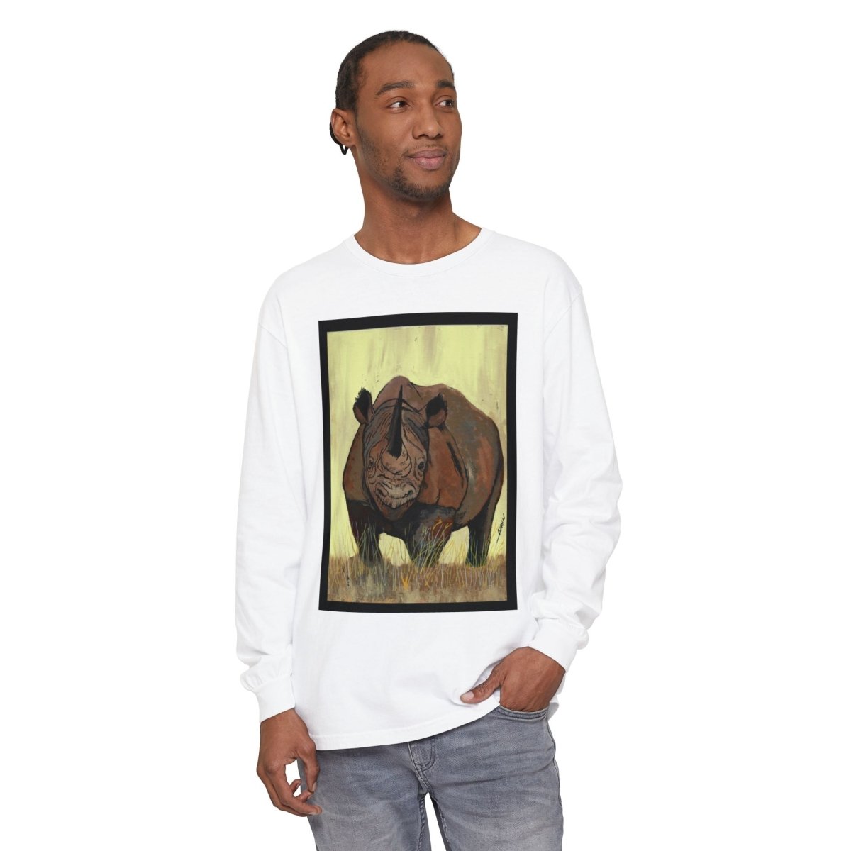 Rhino Art Long Sleeve T-Shirt - Unisex Garment - Dyed Tee for Nature Lovers - Curran Artworks