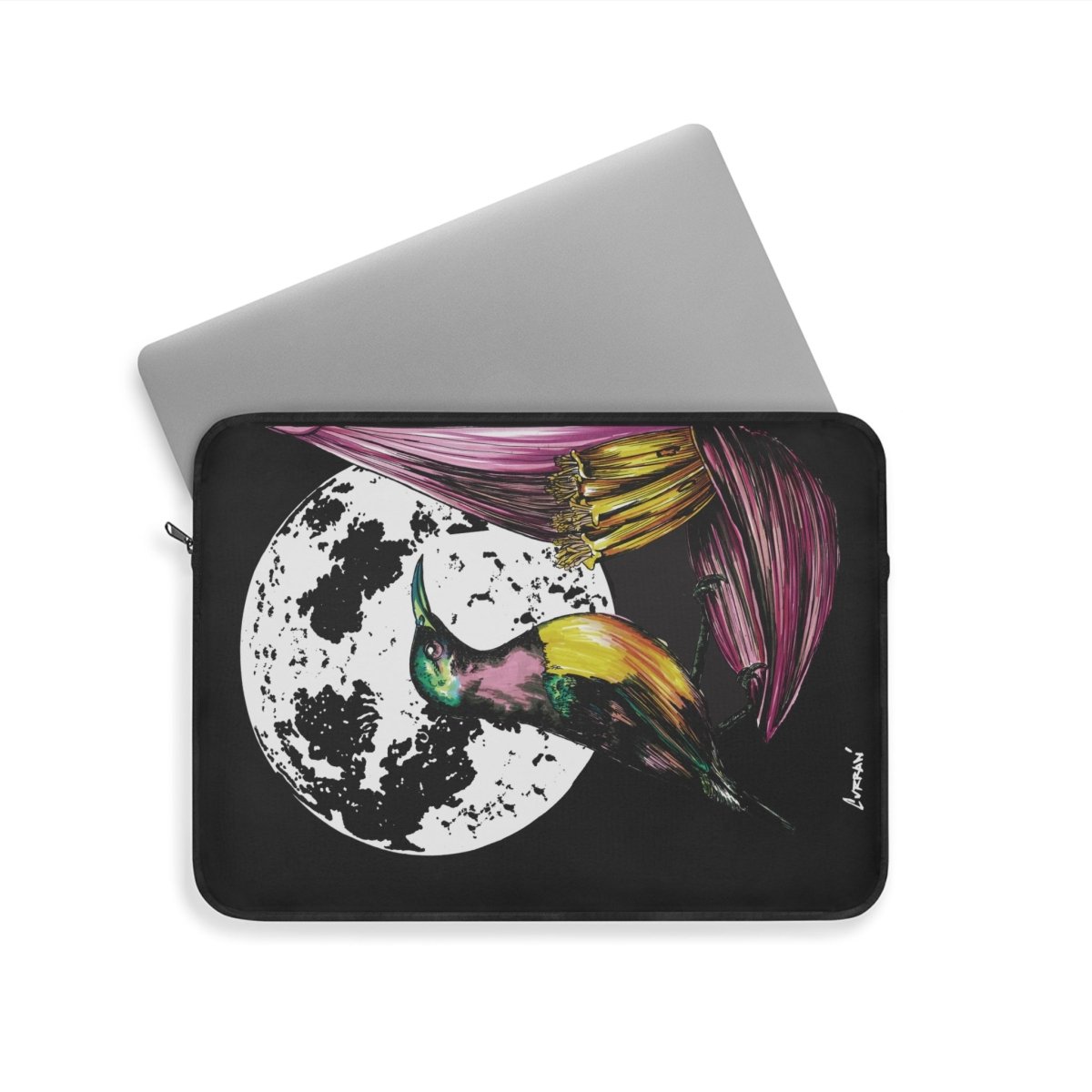 Vibrant Hummingbird Laptop Sleeve - Artistic Hand Drawn Art Design with Moon - Curran Artworks