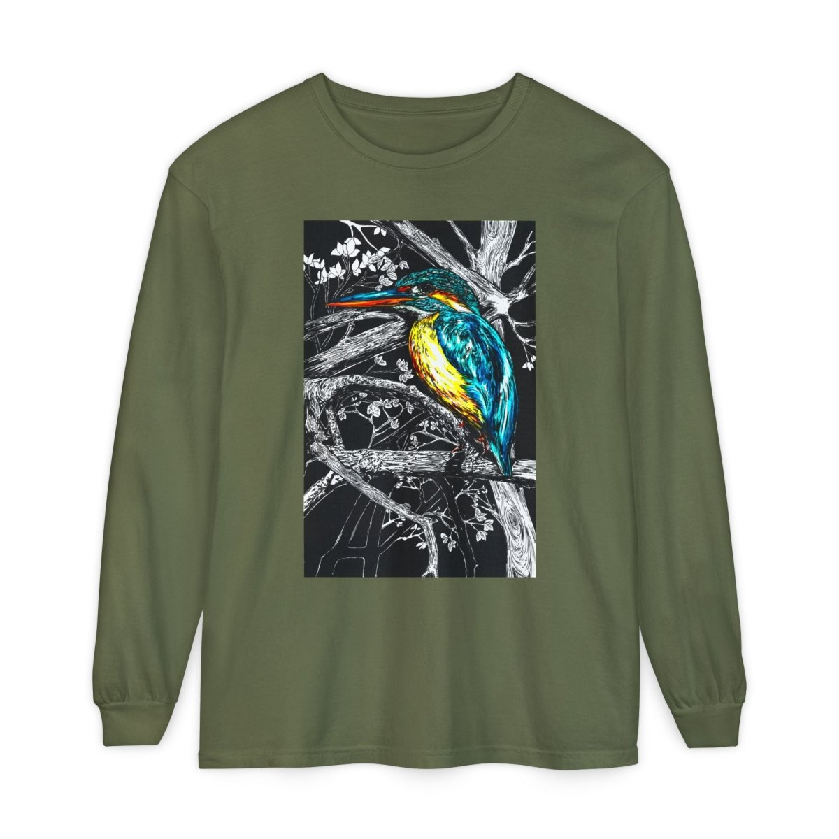 Vibrant Kingfisher Long Sleeve T-Shirt - Unisex Garment - Dyed - Curran Artworks