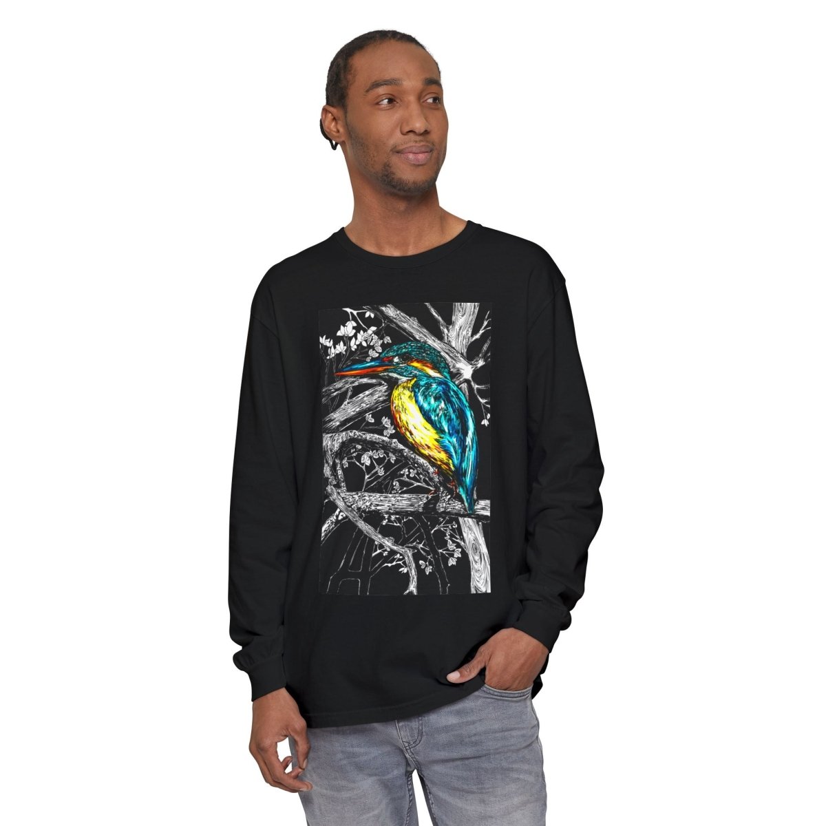 Vibrant Kingfisher Long Sleeve T-Shirt - Unisex Garment - Dyed - Curran Artworks